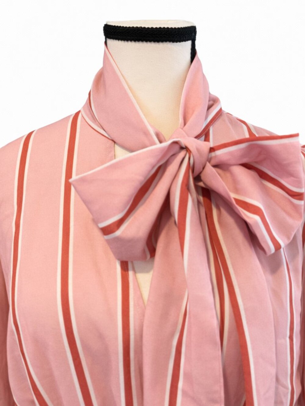 THE MOON Pink Stripe Tie Neck Peplum Blouse Size M Romantic Puff Sleeve Top - Picture 2 of 8